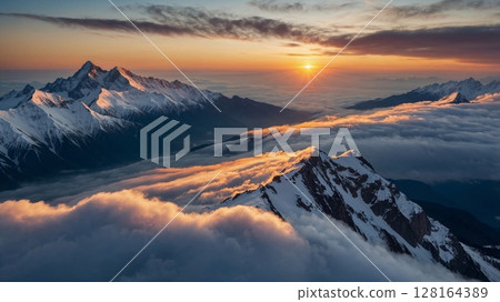 日出時山頂被雲海籠罩 128164389