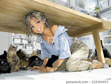 貓咪咖啡館—一位微笑的女人和一隻貓在桌子底下休息的插圖 貓咪咖啡館—一位微笑的女人和一隻貓在桌子底下休息的插圖 128164457