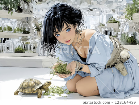 一位微笑的女人在爬蟲類咖啡館餵烏龜的插圖素材 128164459