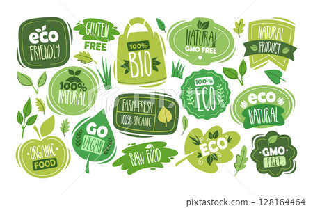 Organic eco food labels, healthy farm products badges, natural gmo free logo, vegan prints set 128164464