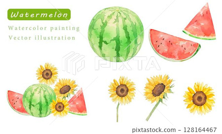 向日葵和西瓜水彩向量插圖集 128164467