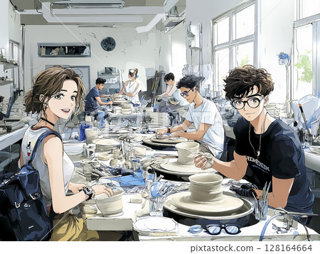 外國遊客製作陶器的插圖素材 128164664