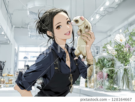 Ferret Cafe Illustration of a smiling woman interacting with a ferret 128164667