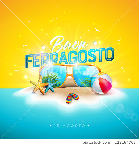Buon Ferragosto Italy Midsummer Festival Design with Summer Holiday Elements and Typography Letter on Tropical Island Background. Vector Italian Language Illustration for Banner, Flyer, Invitation 128164705