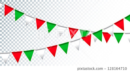 Colorful Party Flags Garland Isolated on Clean Background. Vector Buon Ferragosto Illustration for Italian Traditional Midsummer Holiday Festival Design for Celebration Banner, Flyer, Invitation 128164710