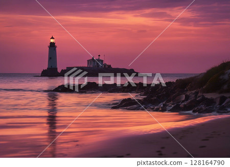 Seascape with a lighthouse illuminated by the setting sun 128164790