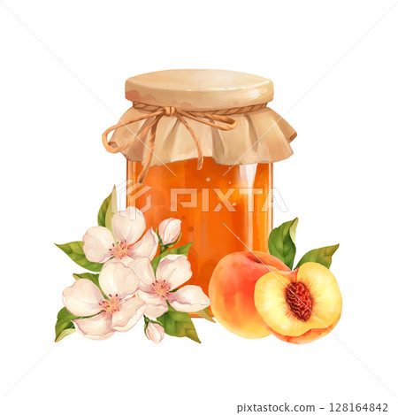 Hand-drawn illustration of a jar of peach jam with fresh peach slices and white blossoms 128164842