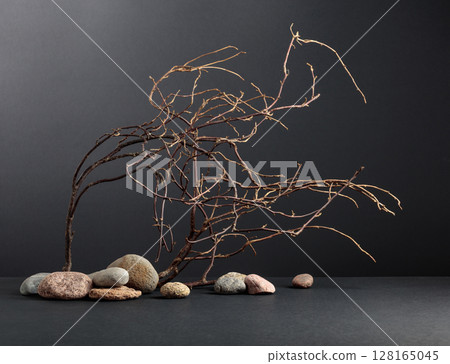 An intricately entwined branches and smooth stones against a black background. 128165045