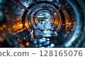 Vibrant water flow and reflections inside a metallic pipe in an industrial setting at dusk 128165076