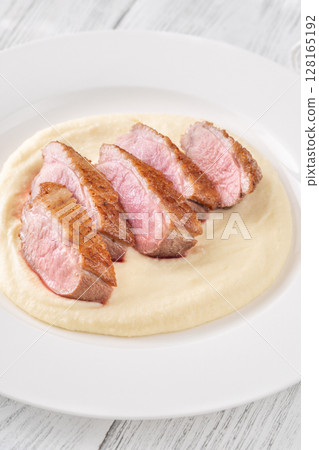 Sliced Fried Duck Breast Served with Mashed Potatoes on White Dinner Plate Sliced Fried Duck Breast Served with Mashed Potatoes on White Dinner Plate 128165192
