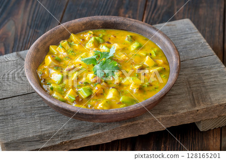 Rustic bowl of mango salsa bursting with color and fresh tropical flavor Rustic bowl of mango salsa bursting with color and fresh tropical flavor 128165201