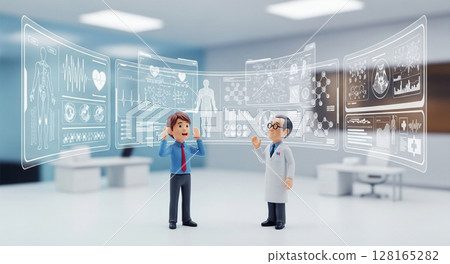 3D illustration of a doctor and businessman explaining future medical care with an AR panel 128165282