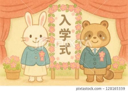 一隻兔子和一隻浣熊互相展示書包的插圖 128165339