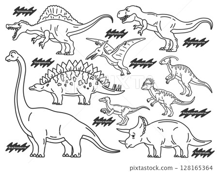 Illustration set of various dinosaurs (line drawings) Illustration set of various dinosaurs (line drawings) 128165364