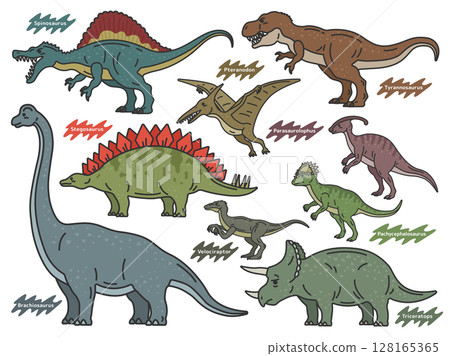 Illustration set of various dinosaurs (line drawings color) Illustration set of various dinosaurs (line drawings color) 128165365