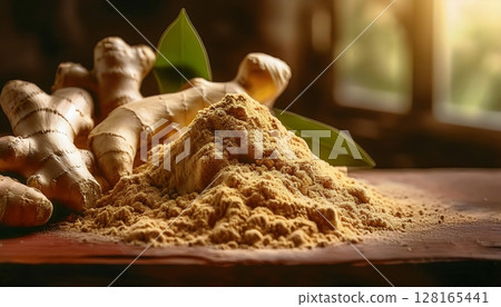 Heap of ginger powder and fresh root 128165441