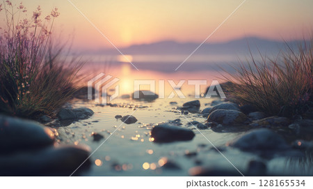 Violet toned dreamscape where soft light paints floating mountains in a warm glowing mist Violet toned dreamscape where soft light paints floating mountains in a warm glowing mist 128165534