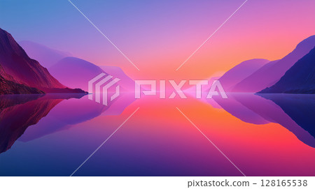 Ethereal reflections of floating lights and clouds shimmering above a still water during sunset 128165538
