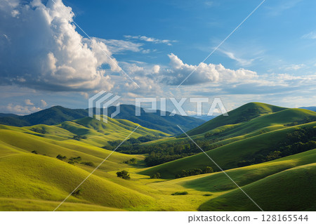 Sun kissed terrain of endless green meadows beneath a radiant open sky and soft cotton clouds Sun kissed terrain of endless green meadows beneath a radiant open sky and soft cotton clouds 128165544