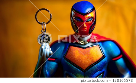 Superhero Figure Holding a Keyring on a Golden Background 128165578