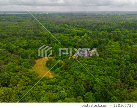 An aerial view of a historic mansion surrounded by lush green trees and a beautifully landscaped garden with a fountain, walking paths, and parking area. The scene shows vibrant summer greenery. An aerial view of a historic mansion surrounded by lush green trees and a beautifully landscaped garden with a fountain, walking paths, and parking area. The scene shows vibrant summer greenery. 128165725