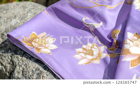 Lilac Silk Kimono with Golden Floral Pattern Detail 128165747