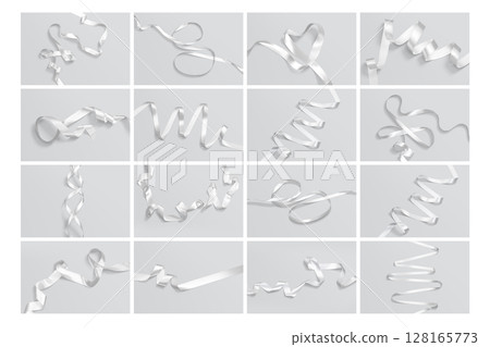 Blank white satin ribbon mockup, grey background, different types Blank white satin ribbon mockup, grey background, different types 128165773