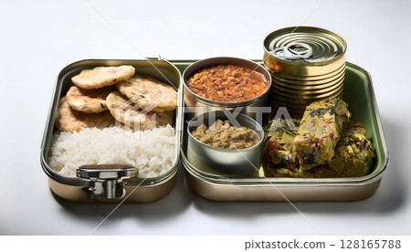 Sustainable Vegan Lunchbox Meal Prep with Curry, Rice and Bread 128165788