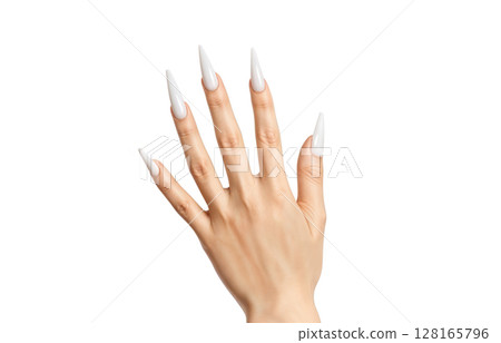 Hand with white stiletto long nails manicure mockup, ai generated 128165796