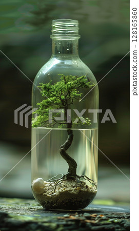 World Environment Day: Mini Earth Planet in Old Bottle on Sand. Generative AI World Environment Day: Mini Earth Planet in Old Bottle on Sand. Generative AI 128165860