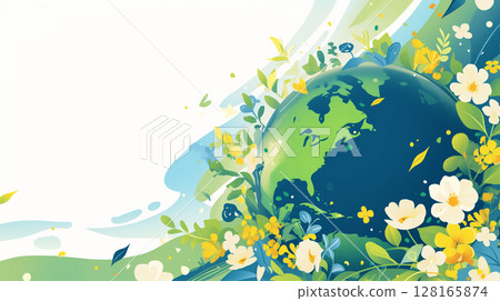 World Environment Day Illustration: Planet Earth with Plants and Flowers. Copy Space, Banner. Generative AI World Environment Day Illustration: Planet Earth with Plants and Flowers. Copy Space, Banner. Generative AI 128165874