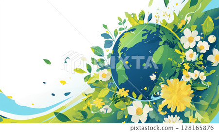 World Environment Day Illustration: Planet Earth with Plants and Flowers. Copy Space, Banner. Generative AI 128165876