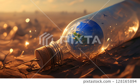 World Environment Day: Mini Earth Planet in Old Bottle on Sand. Generative AI 128165894