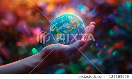 World Environment Day: Mini Earth Planet Above Hand. Vibrant Illustration. Generative AI World Environment Day: Mini Earth Planet Above Hand. Vibrant Illustration. Generative AI 128165906