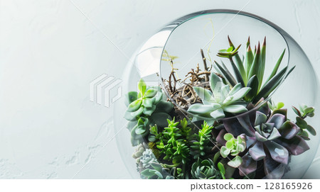 Florarium, aquarium with flowers, banner with copy space, floristry 128165926