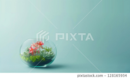 Florarium, aquarium with flowers, banner with copy space, floristry 128165934