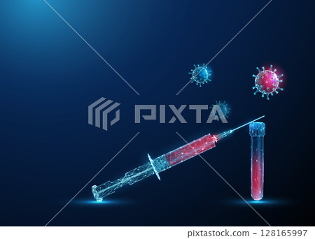 Abstract blood syringe on test tube with red viruses around. Concept of viral infection, blood contamination, medical diagnostics 128165997