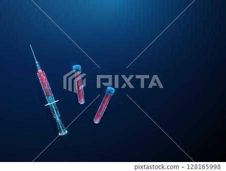 Top view of blood syringe and test tubes with blood samples. Concept of medical diagnostics, laboratory testing, healthcare research. Top view of blood syringe and test tubes with blood samples. Concept of medical diagnostics, laboratory testing, healthcare research. 128165998