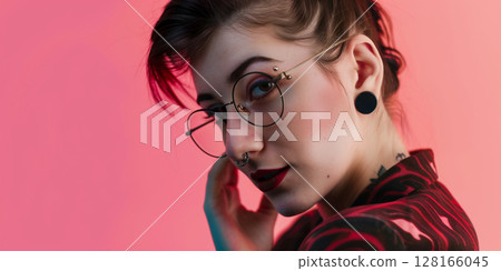 woman with pierced ears and nose, in sunglasses, piercing, banner with copy space, lgbtq+, pride 128166045