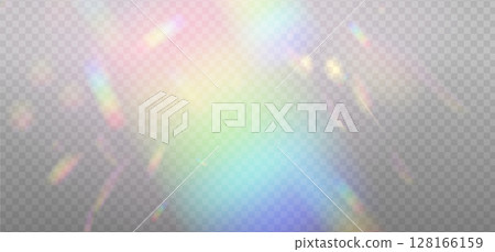 Colorful spots of reflected sunlight. Rainbow reflection light prism effect on light background. Hologram glass dispersion, crystal flare leak shadow overlay. Vector illustration Colorful spots of reflected sunlight. Rainbow reflection light prism effect on light background. Hologram glass dispersion, crystal flare leak shadow overlay. Vector illustration 128166159