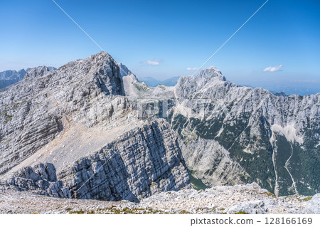 The breathtaking landscape features the soaring Velika Mojstrovka and Mangart peaks amidst clear blue skies, showcasing the majestic beauty of the Julian Alps in Slovenia. 128166169