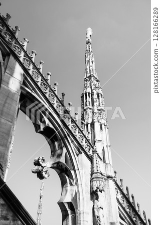The rooftop of the Duomo offers a breathtaking view of intricate architecture and soaring spires, showcasing the beauty of Milan under a bright blue sky. 128166289
