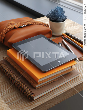 Tablet on stack of notebooks with stationery and plant in cozy study environment 128166374