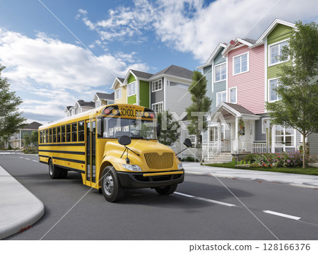 Yellow school bus driving through suburban neighborhood with colorful houses and trees 128166376