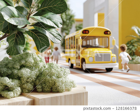 Yellow school bus parked near children playing in a vibrant educational environment with greenery 128166378