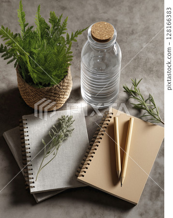 Notebooks, pencils, and water bottle arranged on a textured surface for back to school inspiration Notebooks, pencils, and water bottle arranged on a textured surface for back to school inspiration 128166383