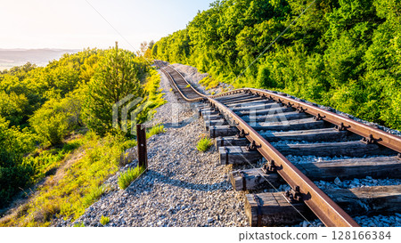 A railway line in Zagrad, Croatia has been significantly damaged due to a landslide. The track is pushed aside, surrounded by lush greenery, highlighting the impact of the natural disaster. A railway line in Zagrad, Croatia has been significantly damaged due to a landslide. The track is pushed aside, surrounded by lush greenery, highlighting the impact of the natural disaster. 128166384