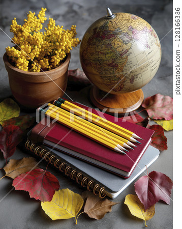 Colorful globe, notebooks, and pencils arranged with autumn leaves for back to school inspiration 128166386