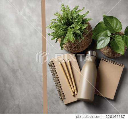 Green plants, notebooks, water bottle arranged on textured surface for back to school inspiration 128166387
