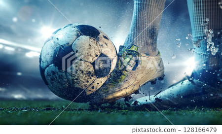 Soccer ball being kicked being on wet grass field at under 3D stadium lights 128166479